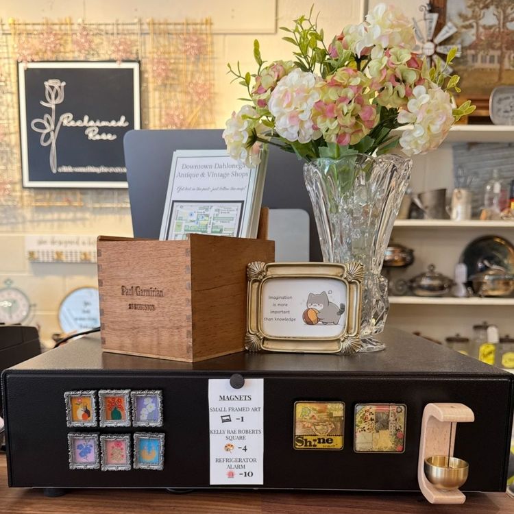 Interior of Reclaimed Rose in Dahlonega, Georgia, with vintage décor, gifts, accessories and unique finds displayed throughout the boutique.