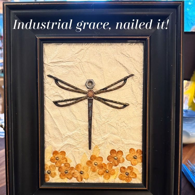 Original mixed-media dragonfly artwork created with reclaimed and vintage materials at Reclaimed Rose in Dahlonega, Georgia.